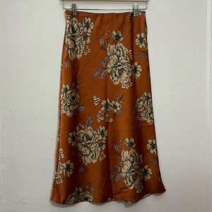 Hashttag In Trend Floral Print Satin Midi Skirt - Burnt Orange